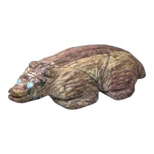 Vintage Carved Native American Zuni Badger Fetish Stone Turquoise Eyes Art 1.5"